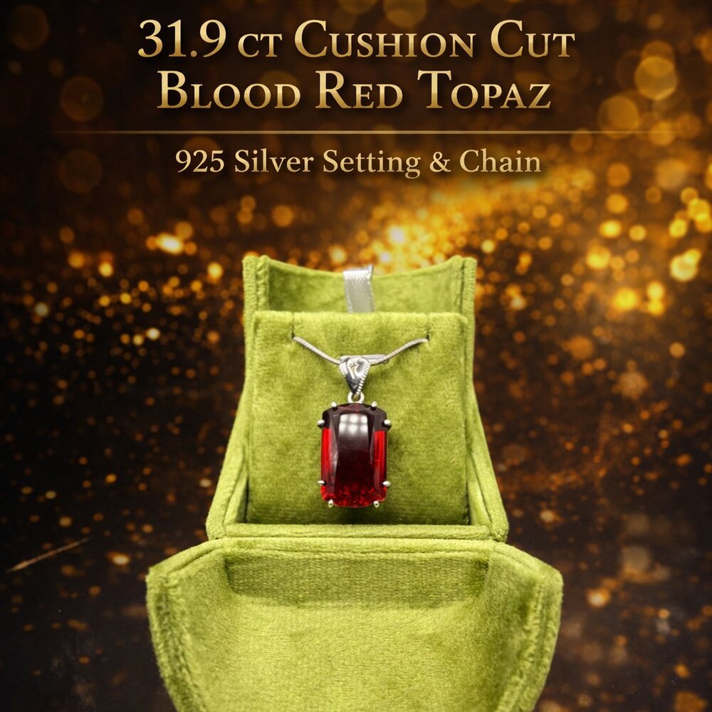 31.90 Carat Blood Red Topaz Vintage Sterling Silver Pendant Necklace